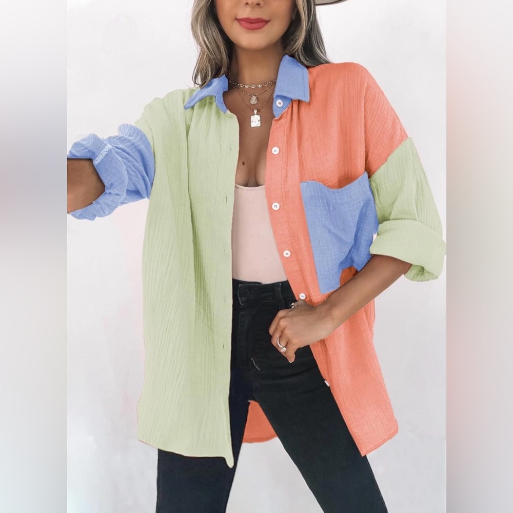 Dokotoo Cotton Gauze Colorblock Button Down Shirt Oversized Large Coral Blue